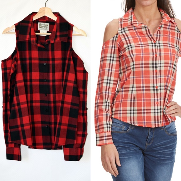 Overdrive Tops - Overdrive Plaid Cold-Shoulder Shirt Red